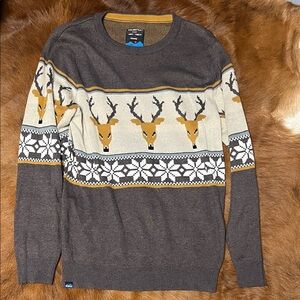 Kavu Men's Brown, Cream & Mustard Reindeer Fair Isle Crewneck Sweater